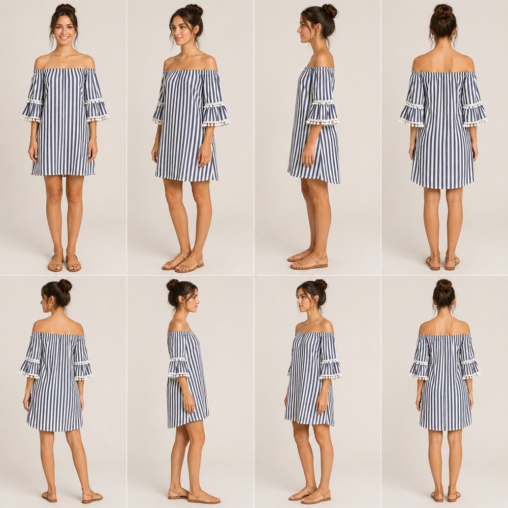 Vava by Joy Han Blue White Striped Off Shoulder Pom Pom Bell Sleeve Mini Dress S